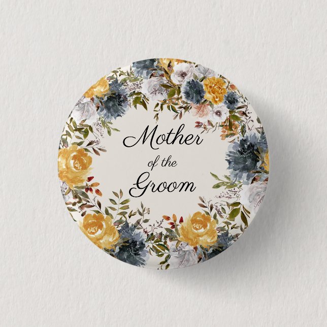  Yellow Blue Handpainted Floral Mother Groom 1 Inch Round Button (Front)