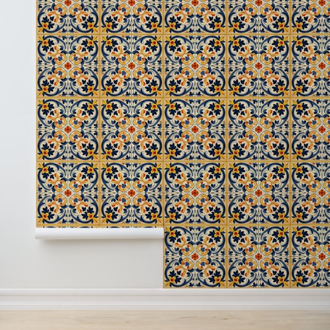Yellow Blue Italian Tile Wallpaper (Application)