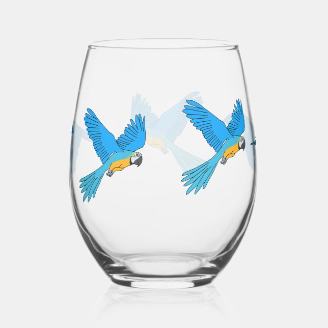 Yellow Blue Macaw Stemless Wine Glass (Right)