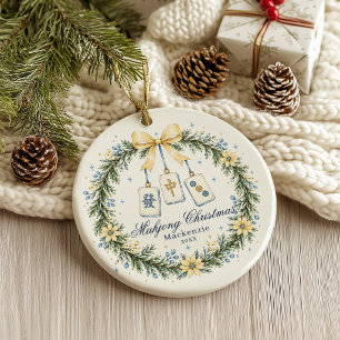 Yellow & Blue Mahjong Tile Wreath Christmas Ceramic Ornament