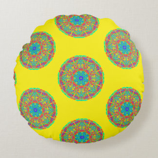 Yellow Blue Mandala Boho Reversible Round Pillow