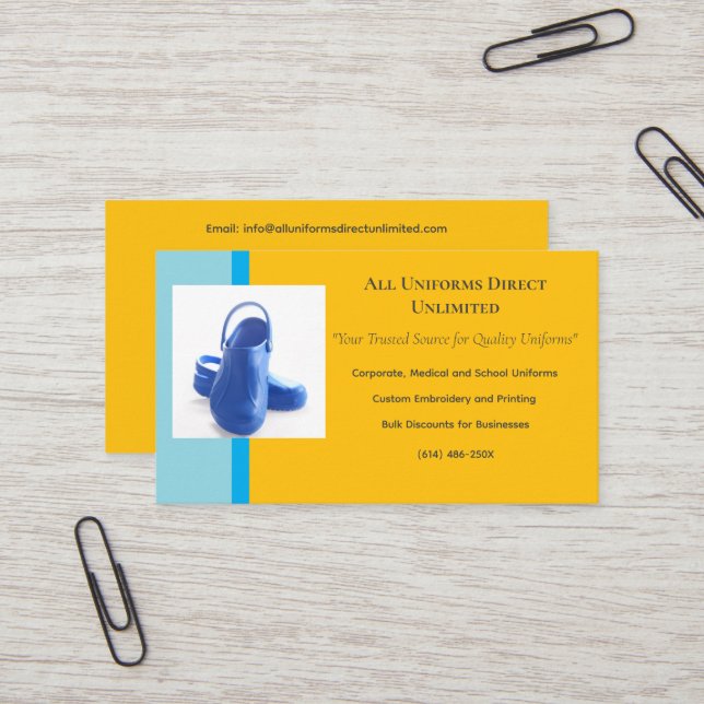 Yellow Blue Medical Clogs Uniform Business Card (Front/Back In Situ)