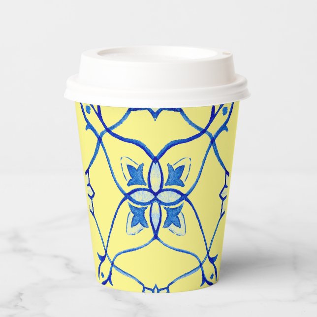 Yellow  & Blue Mediterranean  Paper Cups (Front)