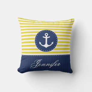 Yellow Blue Nautical Anchor Design Custom Name Throw Pillow