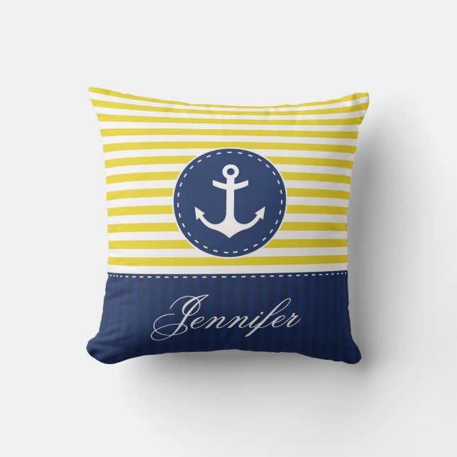 Yellow Blue Nautical Anchor Design Custom Name Throw Pillow (Front)