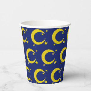 Yellow Blue Night Sky Crescent Moon Stars Evening Paper Cups