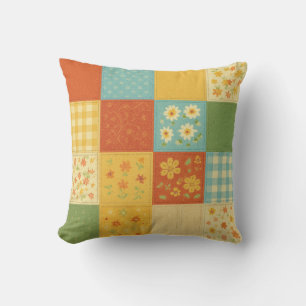 Yellow Blue Patchwork Quilt Rustic Farmhouse  Throw Pillow