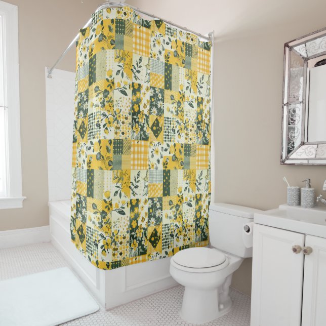 Yellow Blue Patchwork Quilt Rustic Floral Retro  (In Situ)