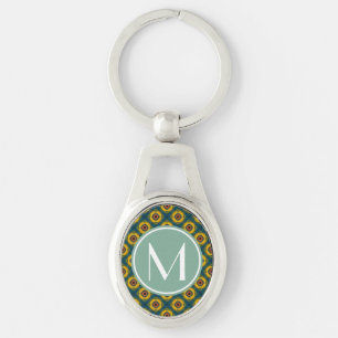 Yellow Blue Pattern with Mint and White Monogram Keychain