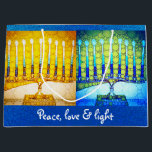 Yellow Blue Peace Love Light Hanukkah Menorahs Large Gift Bag<br><div class="desc">“Peace, love & light.” A close-up artsy, photo illustration of yellow and blue brightly coloured menorahs help you usher in the holiday of Hanukkah. Feel the warmth and joy of the holiday season whenever you use this cute and fun custom large size gift bag. Sparkly blue faux glitter adorns the...</div>