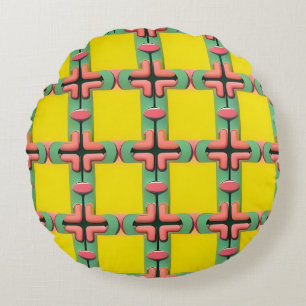 Yellow Blue Pink Geometric Plaid Pattern Round Pillow