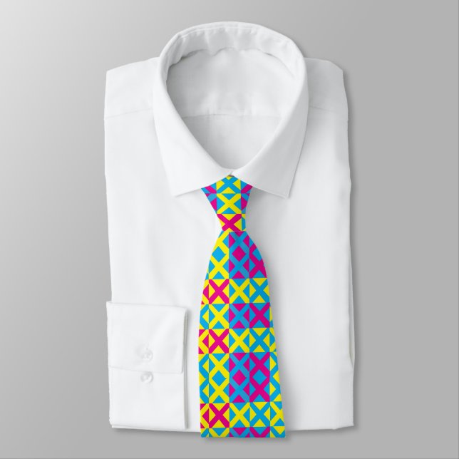 Yellow Blue Pink Square Geometric Pattern Tie (Tied)