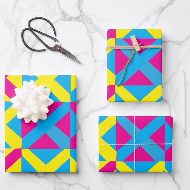 Yellow Blue Pink Square Geometric Pattern Wrapping Paper Sheet (Front)