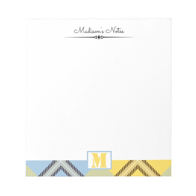 Yellow Blue Plaid Tartan Custom Script Monogram Notepad (Front)