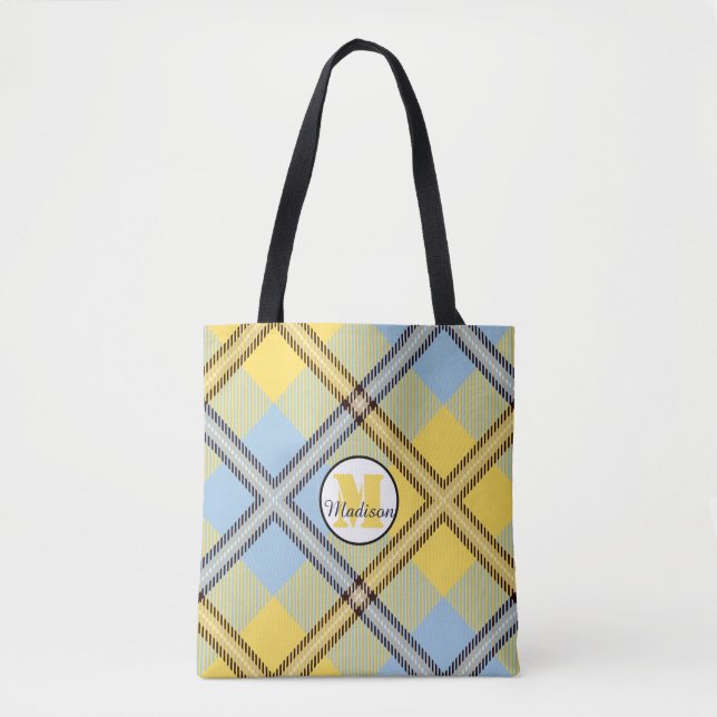 Yellow Blue Plaid Tartan Monogram Script Wedding Tote Bag (Front)