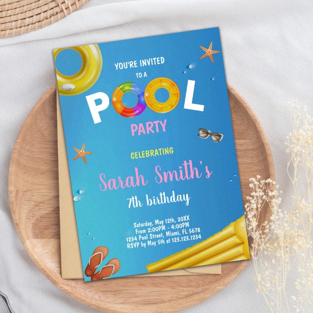 Yellow & Blue Pool Birthday Invitation (Yellow Blue Pool Birthday Invitations)