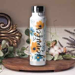 Yellow Blue Pretty Floral Add Name Water Bottle