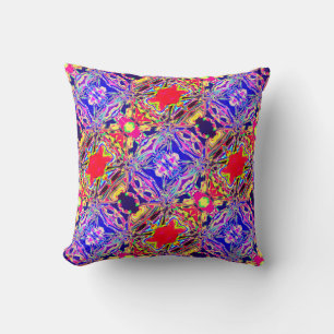Yellow Blue Purple Pink Paisley Diagonal Tiles Throw Pillow