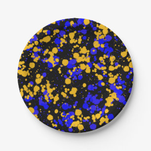 Yellow Blue Raptor Splattered Paint Paper Plate