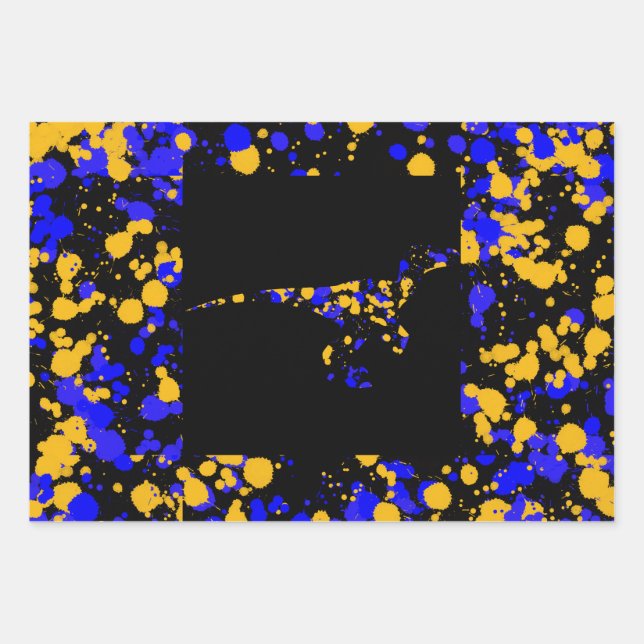 Yellow Blue Raptor Splattered Paint  Wrapping Paper Sheet (Front 3)