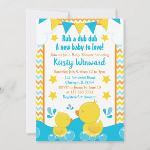 Yellow & Blue Rubber Ducky Polka Dot Baby Shower Invitation