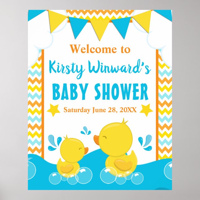 Yellow & Blue Rubber Ducky Polka Dot Baby Shower Poster (Front)