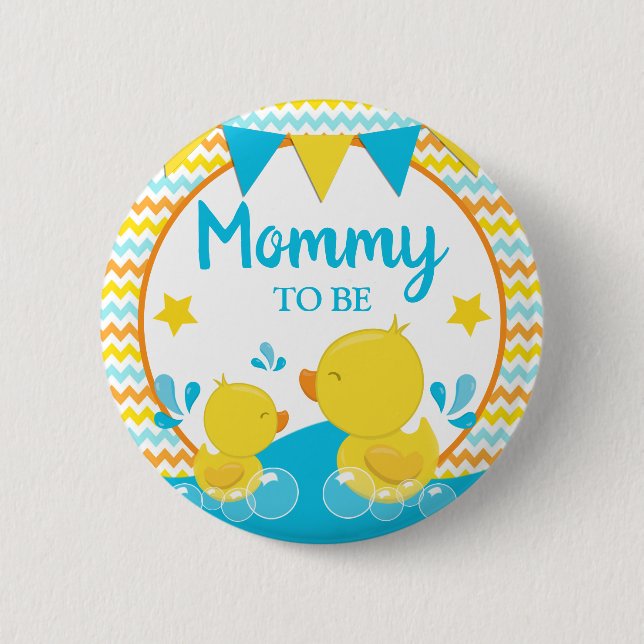 Yellow & Blue Rubber Ducky Polka Dot Mommy to be 2 Inch Round Button (Front)