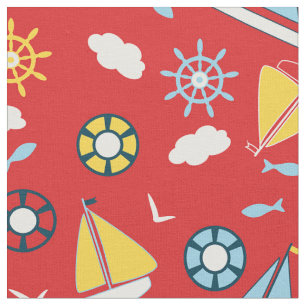 Yellow Blue Sailboats Fish Birds Red Nautical Fabric