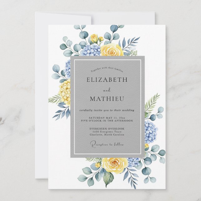Yellow Blue Serene Botanical Wedding Invitation (Front)
