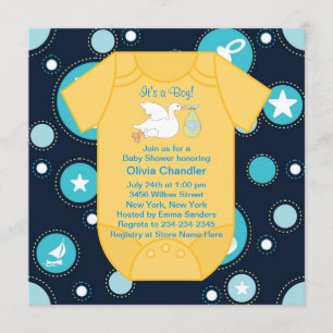 Yellow Blue Stork Baby Boy Shower Invitation