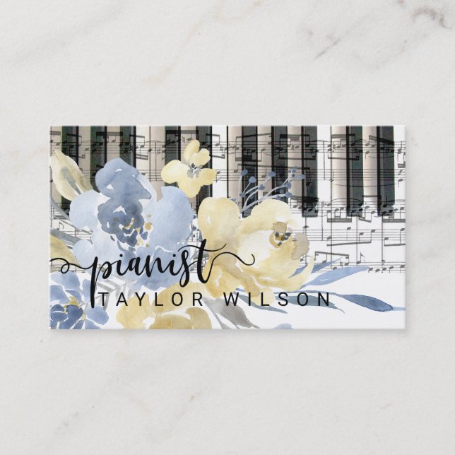 yellow blue watercolor floral pianist script business card (Front)
