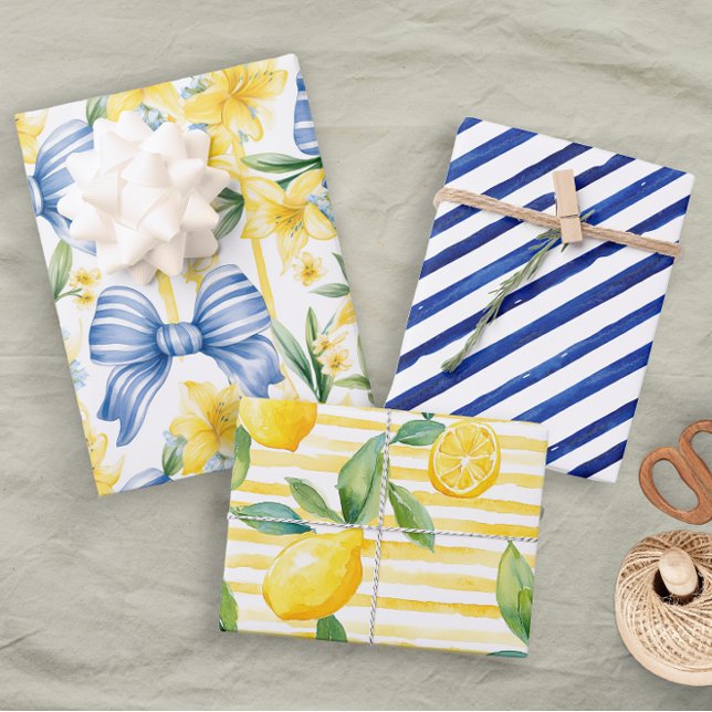 Yellow Blue Watercolor Lemons Bows Stripes Wrapping Paper Sheet (Creator Uploaded)