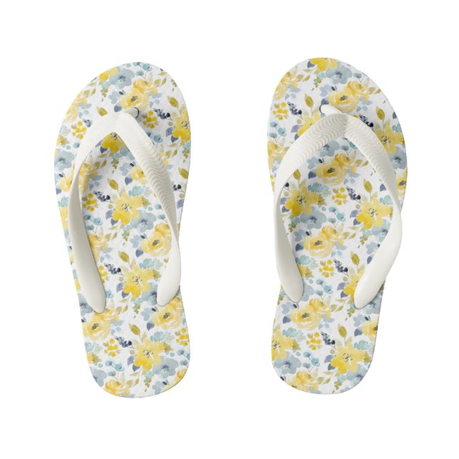 Yellow & Blue Watercolor Pattern Kid's Flip Flops (Footbed)