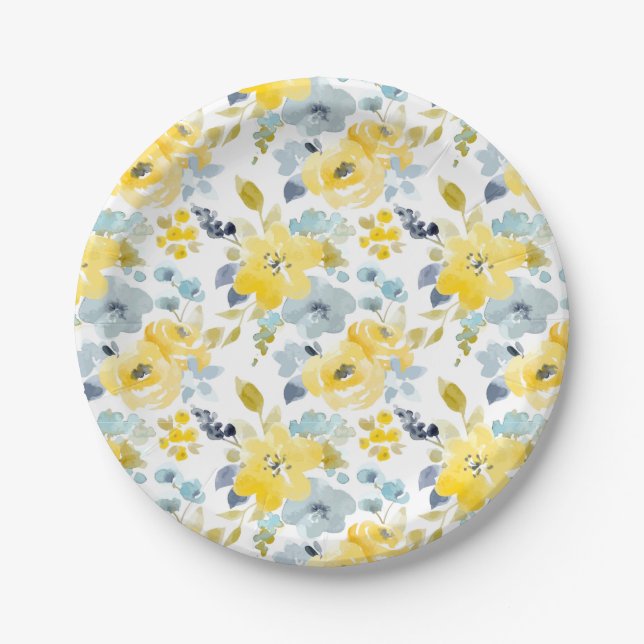 Yellow & Blue Watercolor Pattern Paper Plate (Front)
