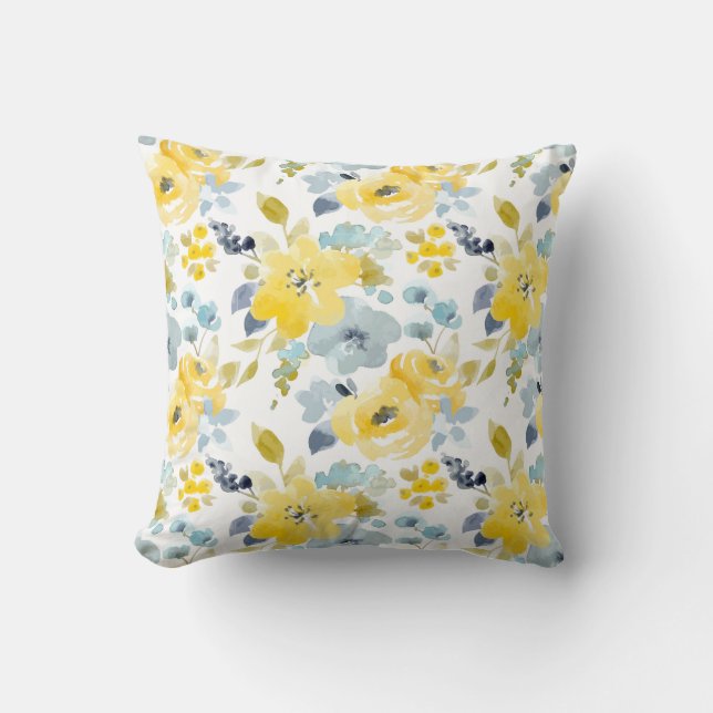 Yellow & Blue Watercolor Pattern Throw Pillow (Front)