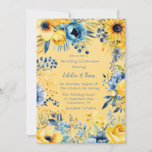 Yellow Blue Watercolor Peony Wedding  Invitation