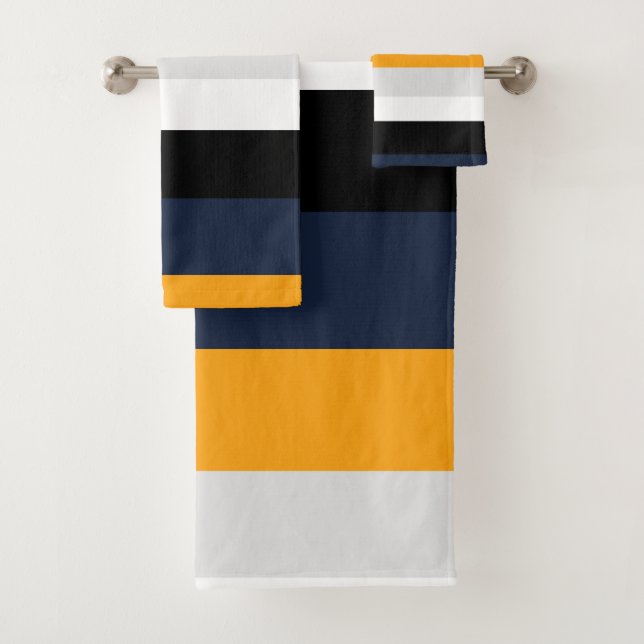 Yellow, blue, white, and black stripes bath towel set (Insitu)