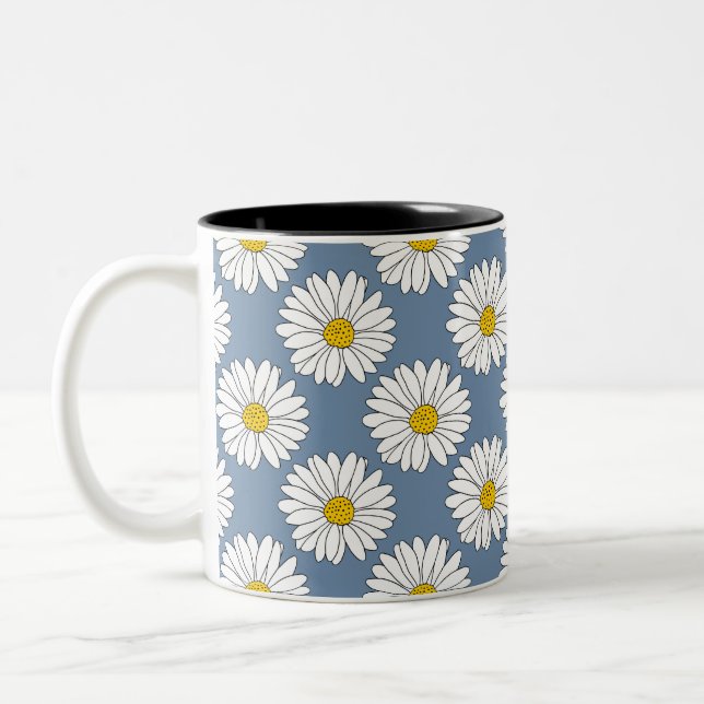 Yellow Blue White Daisy Pattern Two-Tone Coffee Mug (Left)