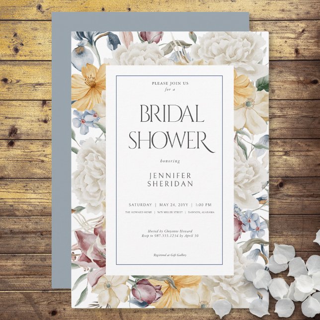 Yellow Blue & White Floral White Bridal Shower Invitation (Yellow Blue & White Floral White Bridal Shower Invitation)
