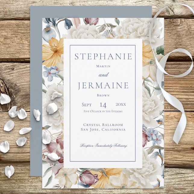 Yellow Blue & White Floral White Frame Wedding Invitation (Creator Uploaded)