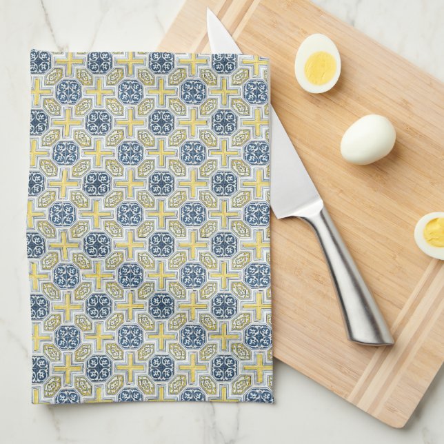Yellow Blue White Geometric Pattern Kitchen Towel (Quarter Fold)