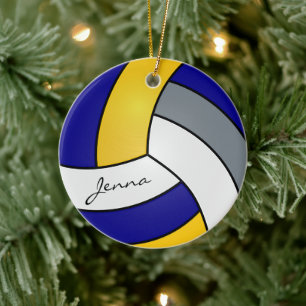 Yellow, Blue, White & Grey Personalize Volleyball Ceramic Ornament