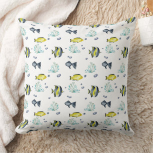 Yellow Blue White Tropical Fish Ocean Theme Throw Pillow