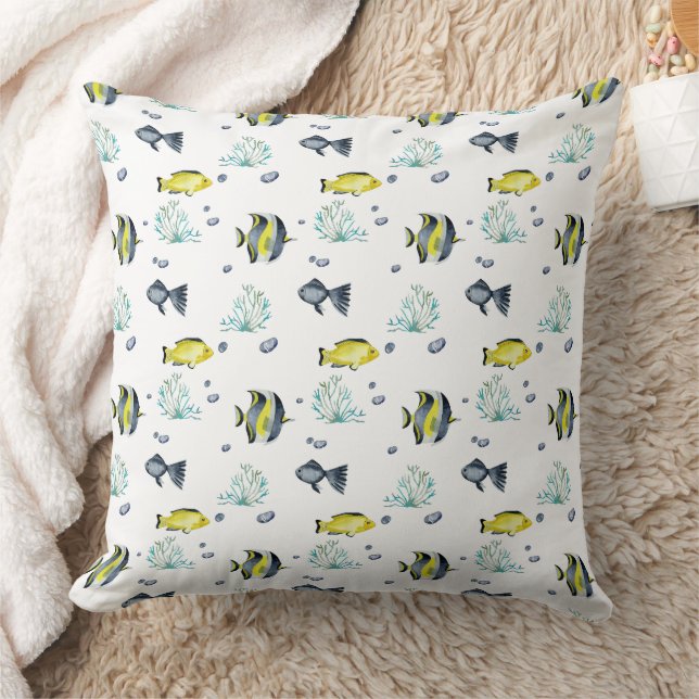 Yellow Blue White Tropical Fish Ocean Theme Throw Pillow (Blanket)