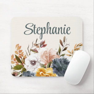 Yellow Blue White Watercolor Floral Greenery Name Mouse Pad