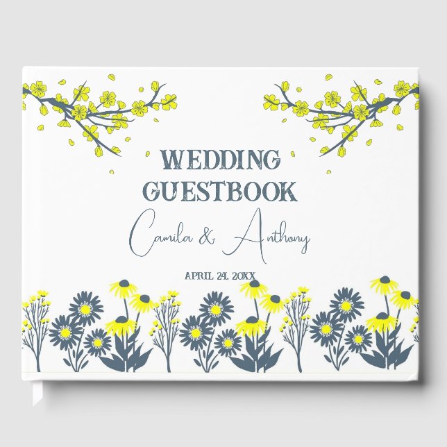 Yellow Blue Wildflower Floral Boho Wedding Guest Book (Front)