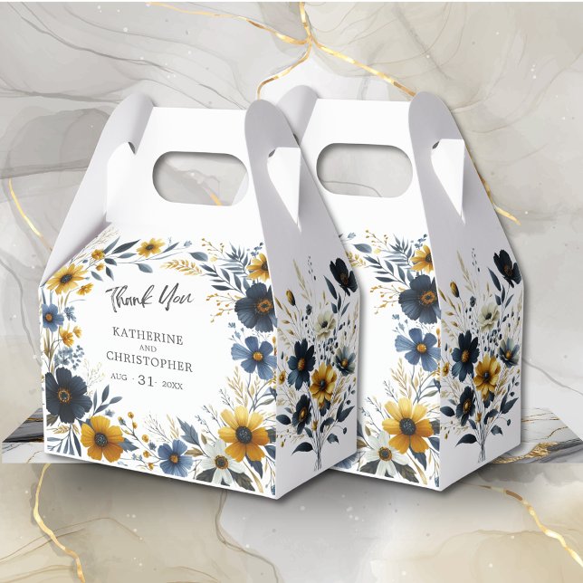 Yellow Blue Wildflowers Elegant Large Wedding Favor Box (Watercolor Floral Large Wedding Favor Box with Blue and Yellow Wildflowers, Wedding Info, QR Code.)
