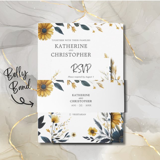 Yellow Blue Wildflowers Elegant Wedding Invitation Belly Band (Blue Yellow Wildflowers Elegant Wedding Belly Band to tie together invitation package.)
