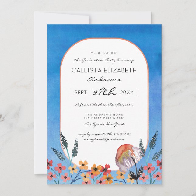 Yellow Blue Wildflowers Watercolor Graduation Invitation (Front)