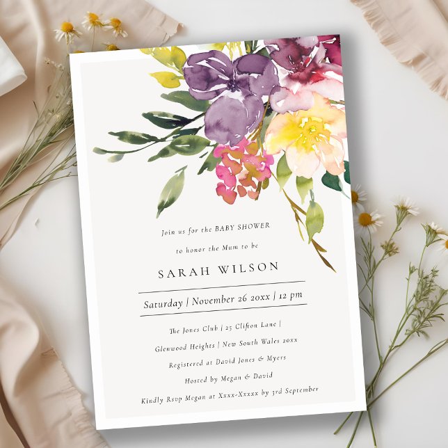 Yellow Blush Burgundy Floral Baby Shower Invite (Creator Uploaded)